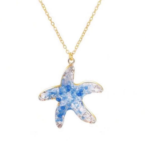 “Blue Druzy Starfish” Gold Dipped Geode Ocean Sea Marine Tropical Steel Necklace - Picture 4 of 16